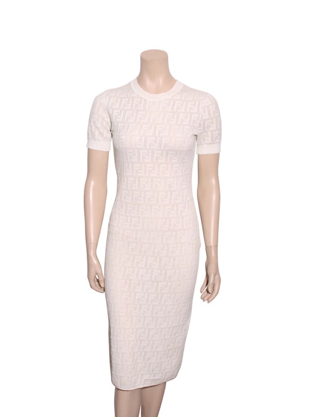 Fendi Cream FF-Logo Knit Short Sleeve Midi Dress